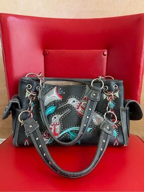Black Embroidered Floral Satchel with Turquoise Accents